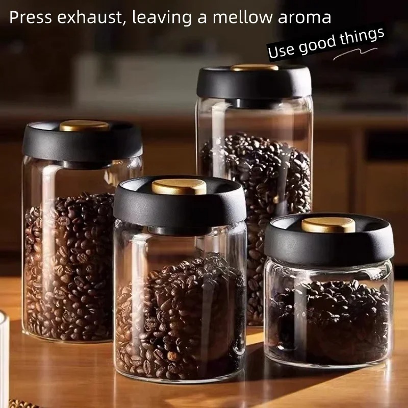 Coffee Tea For Me - โถเก็บกาแฟสุญญากาศแบบแมนนวล ทำจากแก้วบอโรซิลิเกตคุณภาพสูง ป้องกันความชื้น สำหรับเก็บชาและกาแฟในครัว
