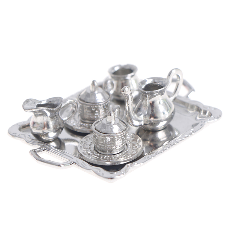 Coffee Tea Stand - 10 ชิ้น/เซ็ต 1/12 Dollhouse Miniature โลหะเงินชากาแฟถาดชุดบนโต๊ะอาหารสําหรับตุ๊กตา