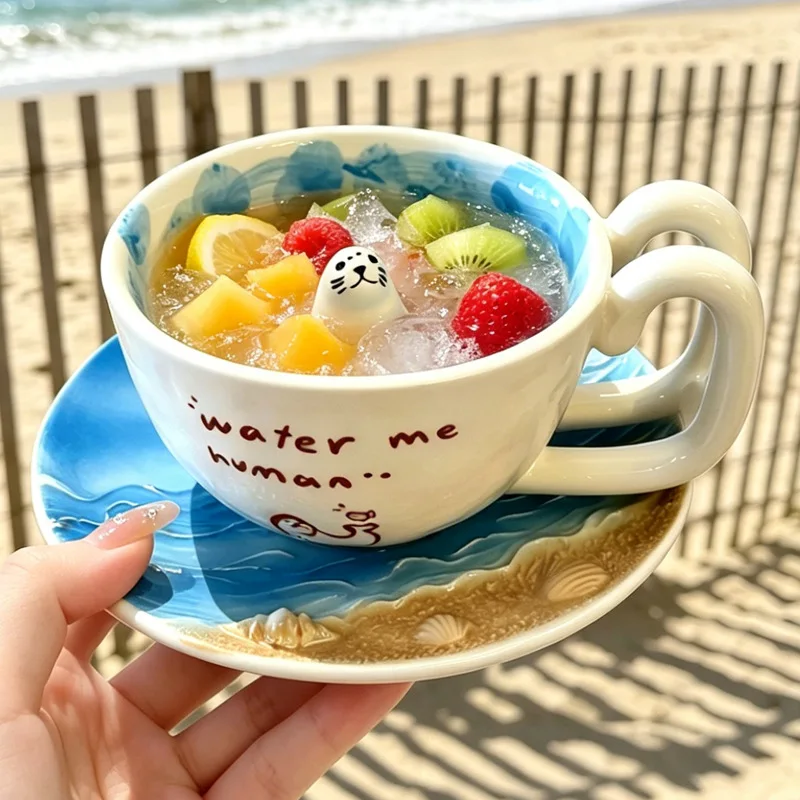 Coffee Or Tea Please - แก้วเซรามิกดีไซน์เก๋ ลวดลายปลาโลมาหรือเพนกวิน แก้วมีหูจับทรงสี่เหลี่ยมคางหมู ลายการ์ตูนน่ารัก เหมาะสำหรับใส่กาแฟ ชา