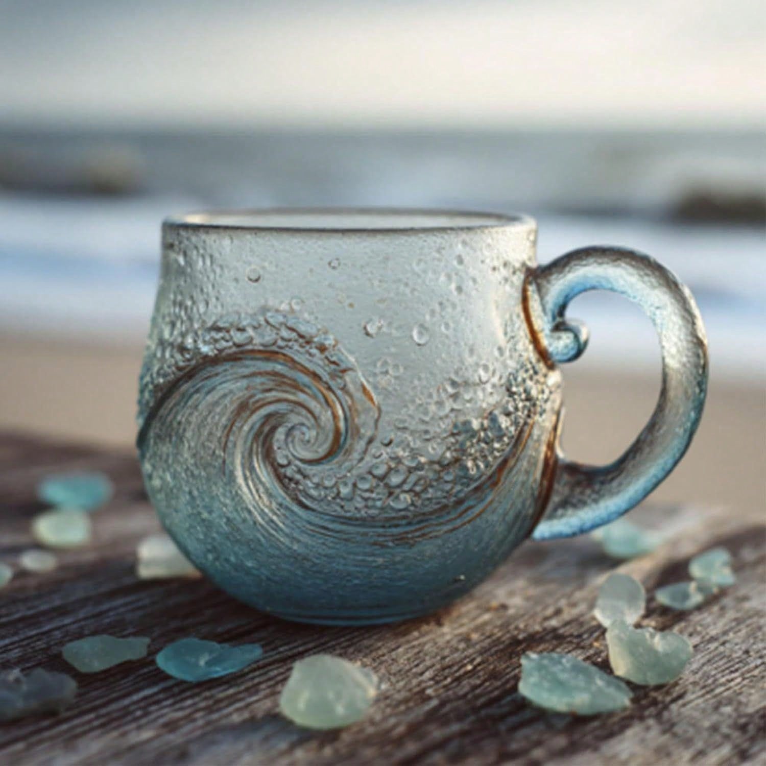 Coffee Or Tea Please - แก้วมัคลายคลื่นทะเล, เครื่องแก้วดีไซน์พิเศษธีมชายหาด ผลิตด้วยมือพร้อมลวดลายหมุนสีฟ้า, ขนาด 12 ออนซ์