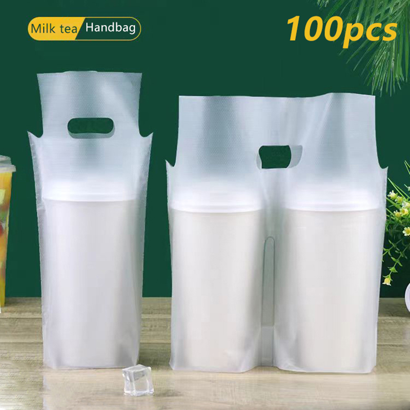 Coffee Tea Milk - ถุงบรรจุภัณฑ์ชา sữaแบบแก้วเดี่ยว/แก้วคู่ 100 ชิ้น ถุงพลาสติกใสแบบใช้แล้วทิ้งสำหรับเครื่องดื่ม ถุงหิ้วกาแฟแบบนำกลับบ้าน