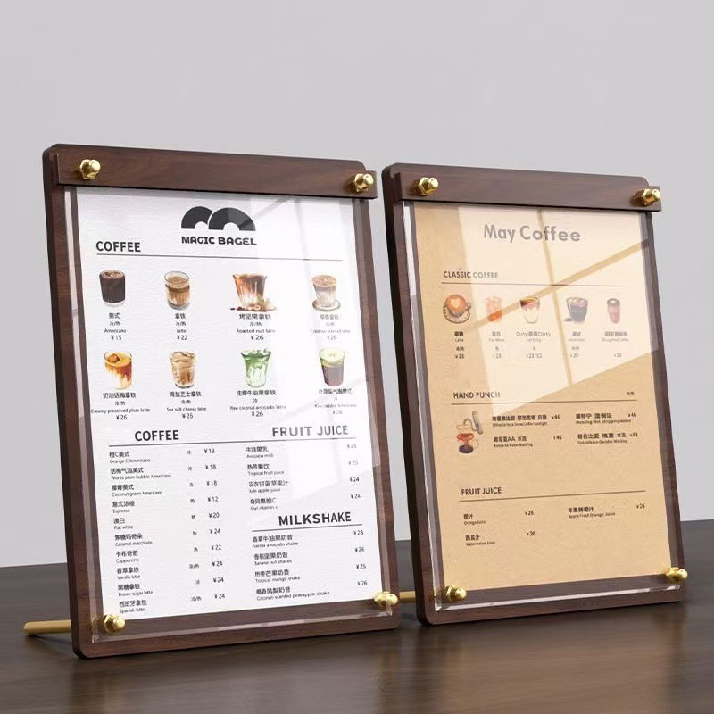 Coffee Tea Stand - ป้ายเมนูอะคริลิคลายไม้แบบกำหนดเองขนาด A4/A5 พร้อมขาตั้งสำหรับร้านชานมและกาแฟ ป้ายสั่งอาหาร ป้ายโฆษณาตั้งโต๊ะ