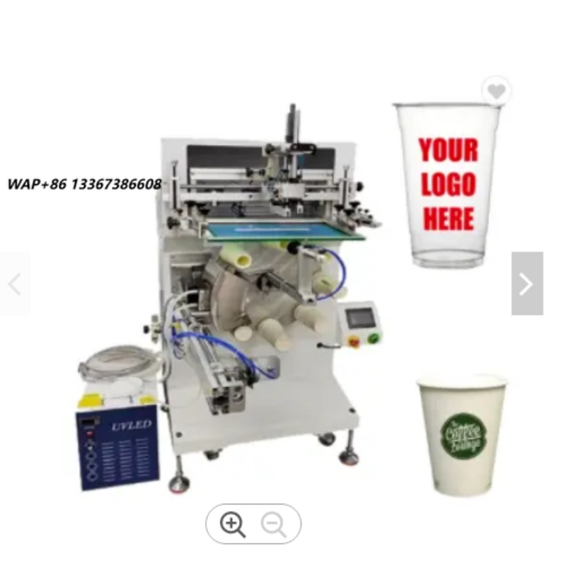 Coffee Tea Milk - เครื่องพิมพ์สกรีนกึ่งอัตโนมัติ 8 สถานี พร้อมเครื่องอบยูวี สำหรับพิมพ์บนแก้วกระดาษและพลาสติกแบบใช้แล้วทิ้ง แก้วกาแฟ