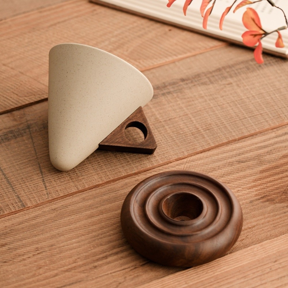 Coffee Tea Stand - แก้วเซรามิกทรงกรวยสามเหลี่ยมแบบหยาบ ฐานไม้สไตล์เรโทร แก้วกาแฟเซรามิกวินเทจ แก้วน้ำชาทำมือ แก้วกาแฟทรงกรวย ของขวัญ